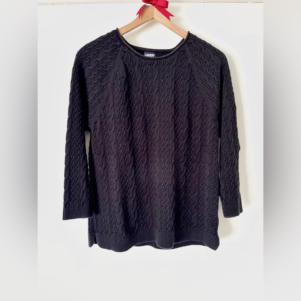 Lands' End Women’s Black Cable Crewneck Sweater Size Large Cotton Grandpacore